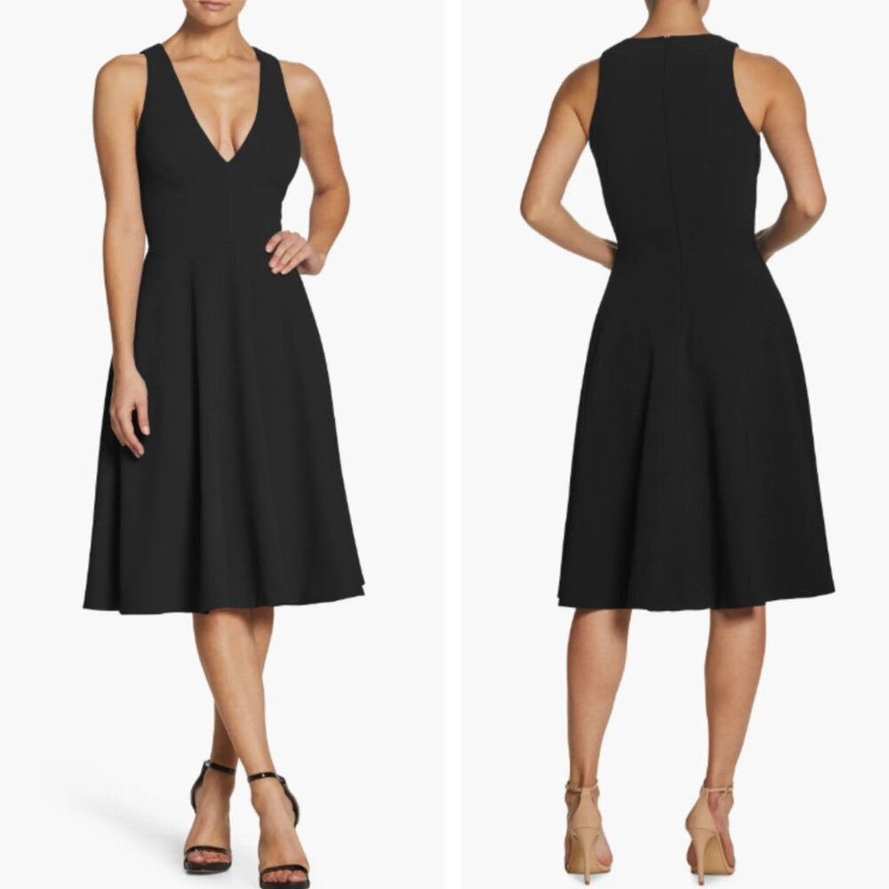 Dress the Population Black V-Neck Fit & Flare Mini Dress